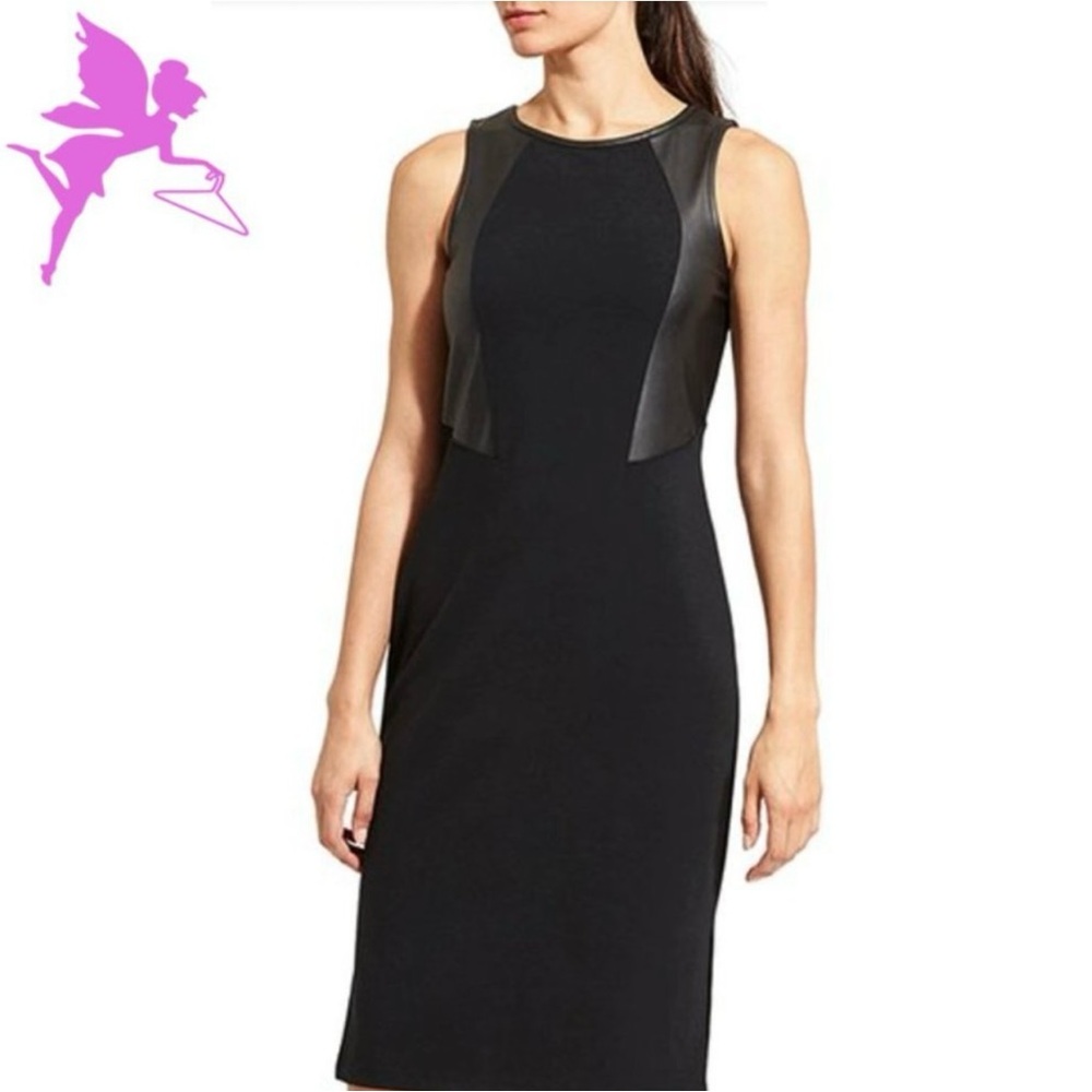 Athleta Dress Black Sleeveless Stretchy Sheath with Faux Leather Panels Size M